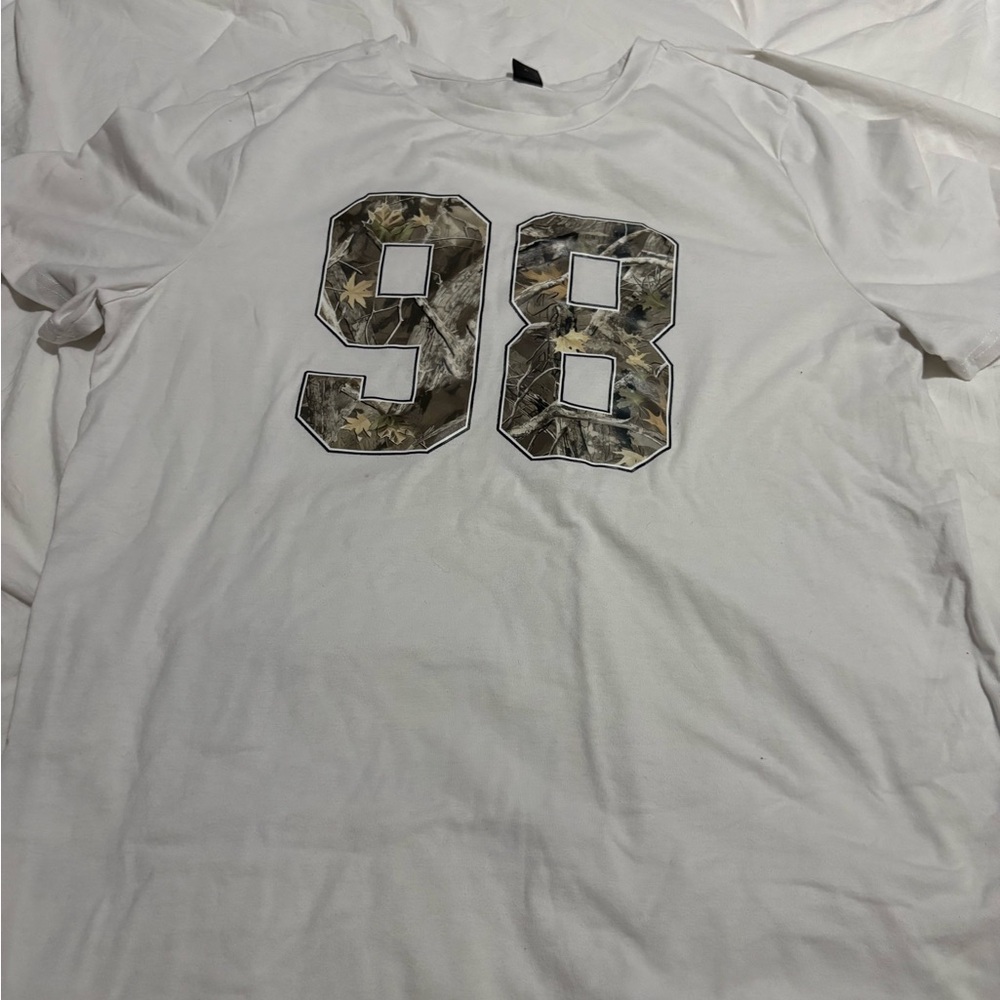 White Graphic Tee with Camouflage '98' Print